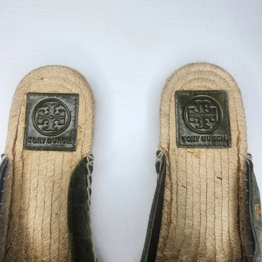 Tory Burch Olive Green Suede Espadrille Mules Slides 7M 55951 117